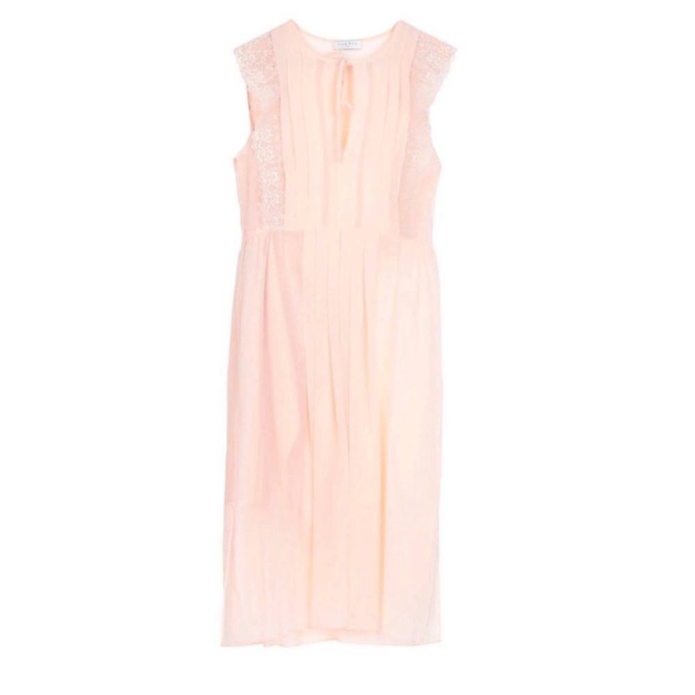New! SANDRO Paris Pleated Lace Sheer Midi Dress in Peach Pink - Picture 5 of 10